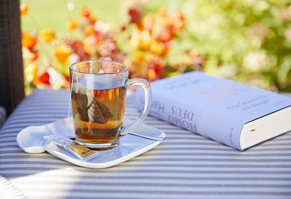 A cup of tea with a tea bag and a novel next to it lying on a lounger in the hotel garden