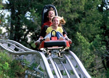 Two children ride down into the valley at high speed in a toboggan on a summer toboggan run