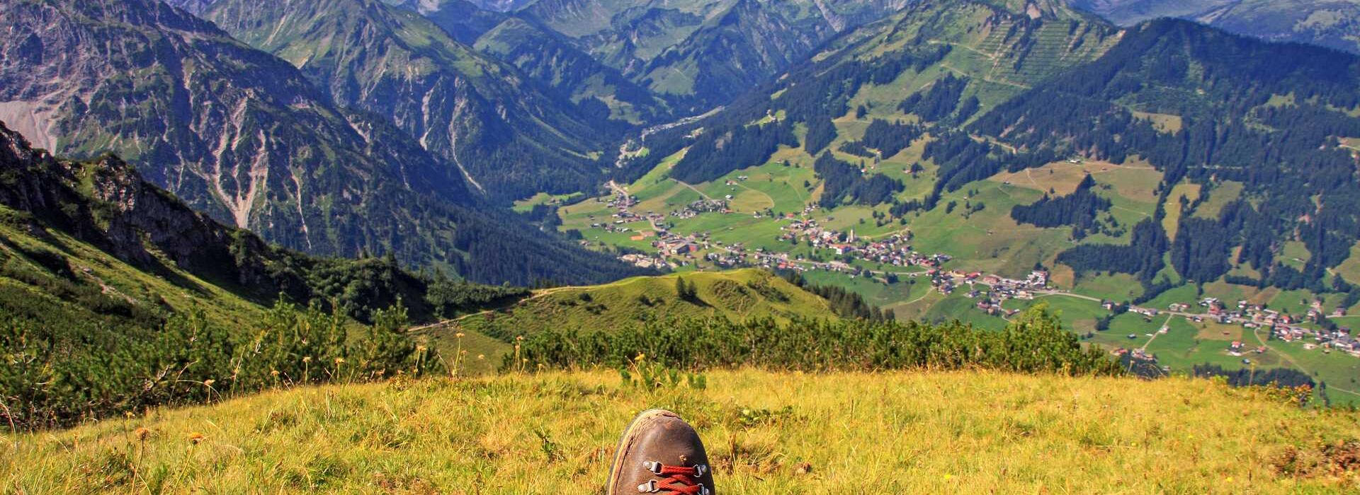 View of the valley from a hiker on a high mountain on a beautiful summer's day