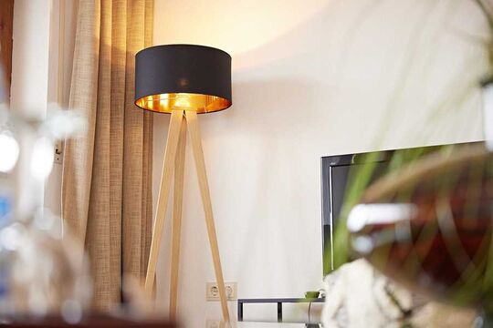 Close-up of the floor lamp next to the TV in the hotel's vacation apartment in Kierwang with decoration in the foreground