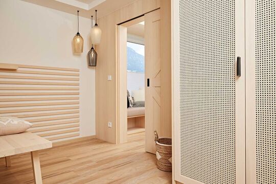 Anteroom with closet and view of the seating area at the entrance to the Widderstein room