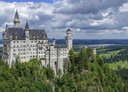 Neuschwanstein Castle taken from the famous Marienbrücke bridge in cloudy weather